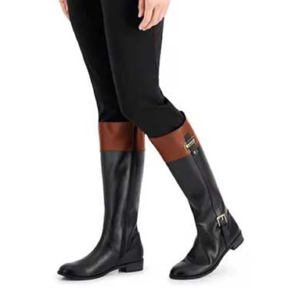 NWOT Black & Brown like riding boots Sz 5 M. Deeply discounted.Low Heel - Picture 1 of 10